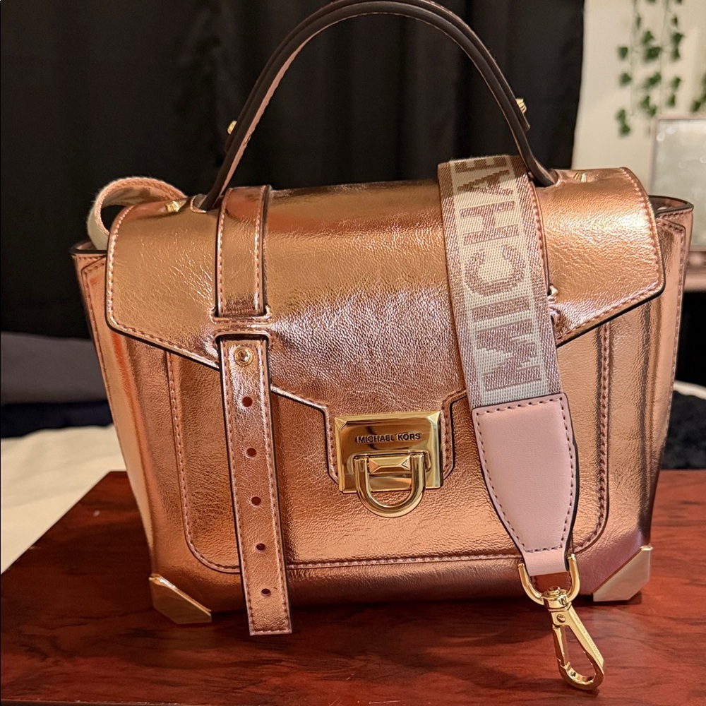 Michael Kors Metallic Rose Gold Satchel with Signature Web Strap - Picture 2 of 5